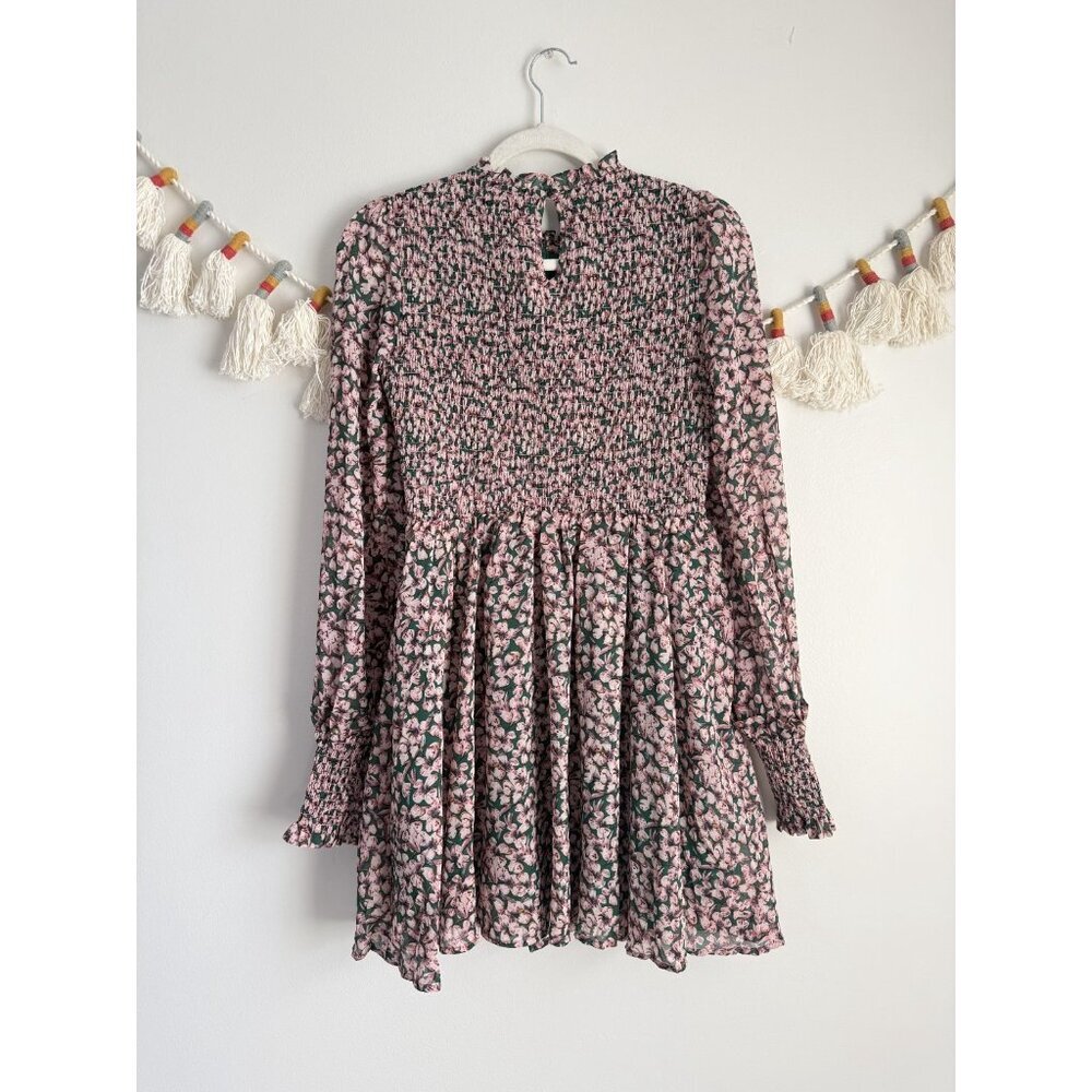 Lulus Floral Forever Green Pink Smocked Skater Mini Dress Coquette Cottage Fairy - Picture 3 of 11